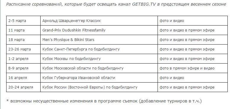 Расписание соревнований, которые будет освещать канал getbig.tv в предстоящем весеннем сезоне. - Бодибилдинг форум AnabolicShops