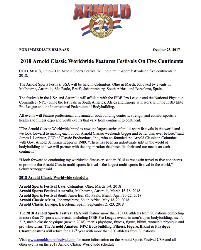 Официальный пресс-релиз Arnold Classic Sports Festival о предстоящих турнирах - Бодибилдинг форум AnabolicShops